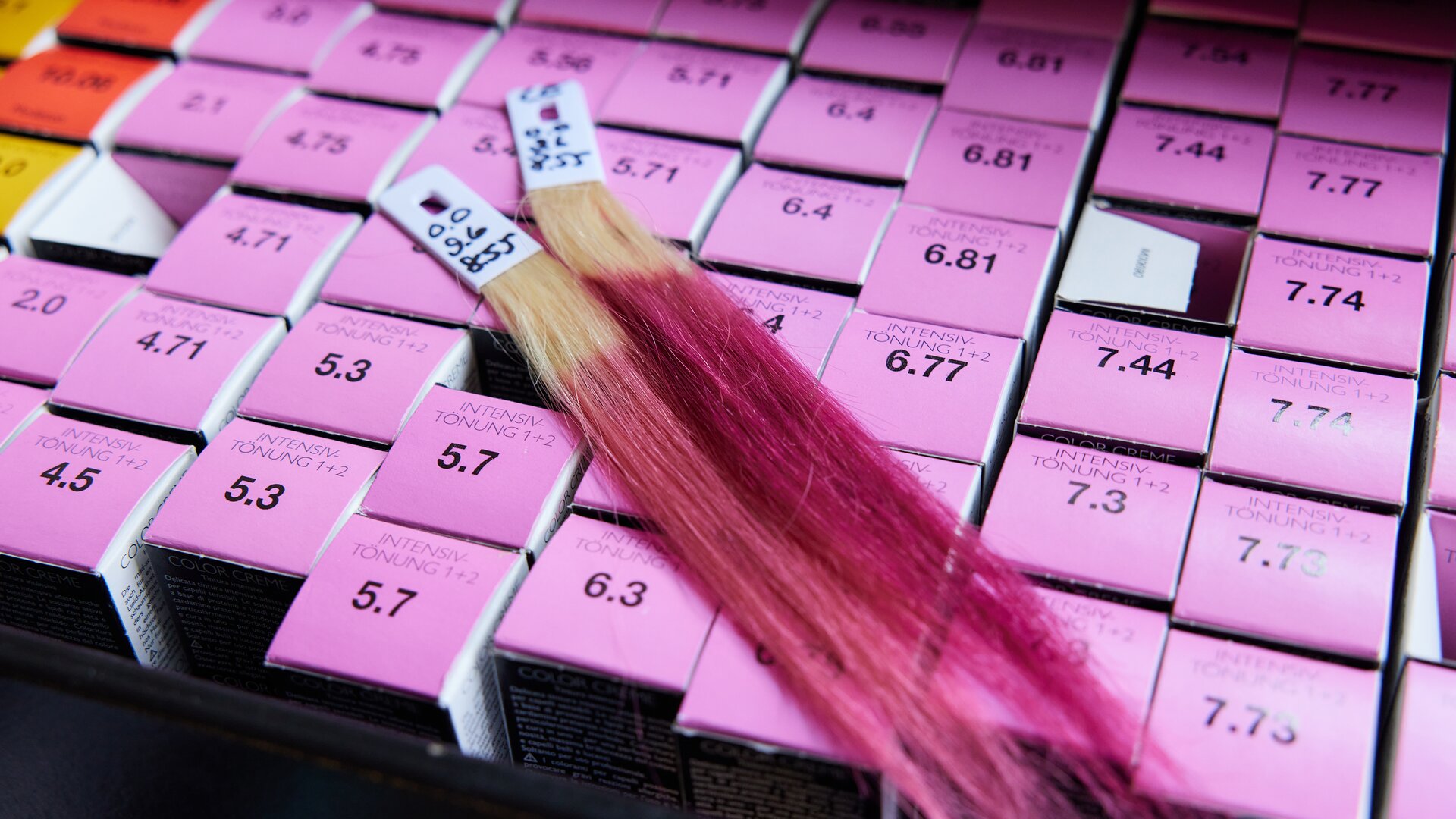 Nachaufnahme pinkfarbener Produktpackungen von professioneller ALCINA Haarfarbe mit oben zwei aufliegenden, pink eingefärbten Haarsträhnen.