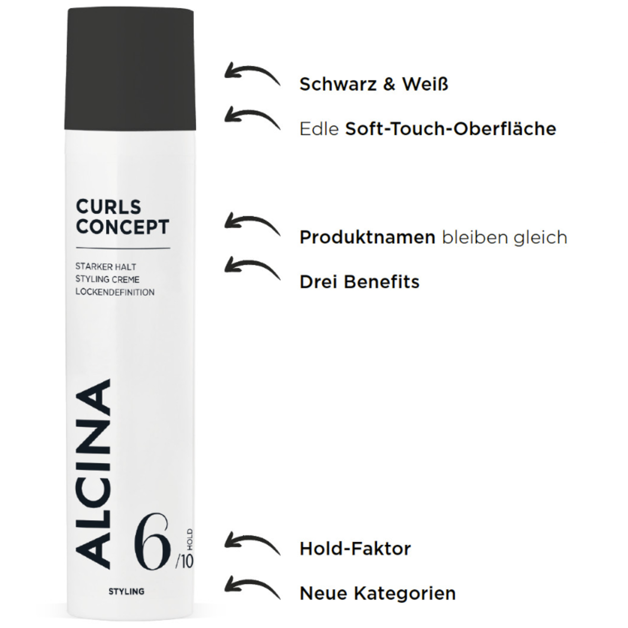 ALCINA Curls Concept Stylingcreme im schwarz-weißen Design, daneben als Text hervorgehobenen drei Produkt Benefits