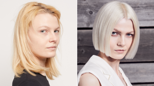 Bild eines Vorher Nachher Frisurenvergleichs einer jungen Frau. Vorher mit schulterlangen, gelblonden Haaren. Nachher kinnlanger Bob in silberblond.