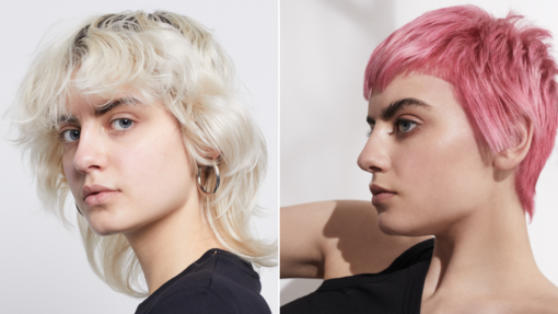 Bild eines Vorher-Nachher Frisurenvergleichs einer jungen Frau. Vorher mit schulterlangen, blondierten Haaren. Nachher mit kurzen, pink gefärbten Pixie Cut.